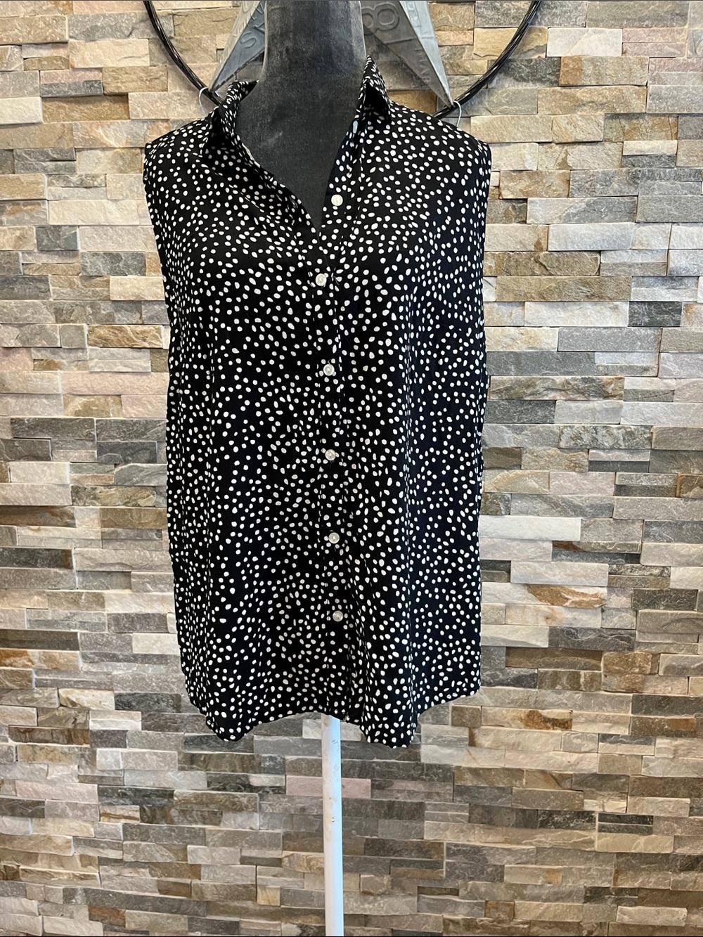 Divided Black and White Polka Dot Sleeveless Button-Front Blouse